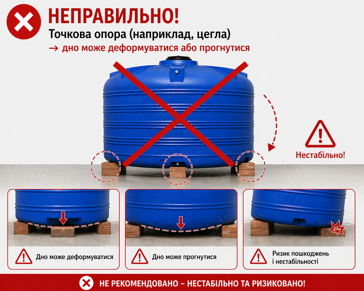 фото не правильне встановлення ємності точкової опори, деформація дна